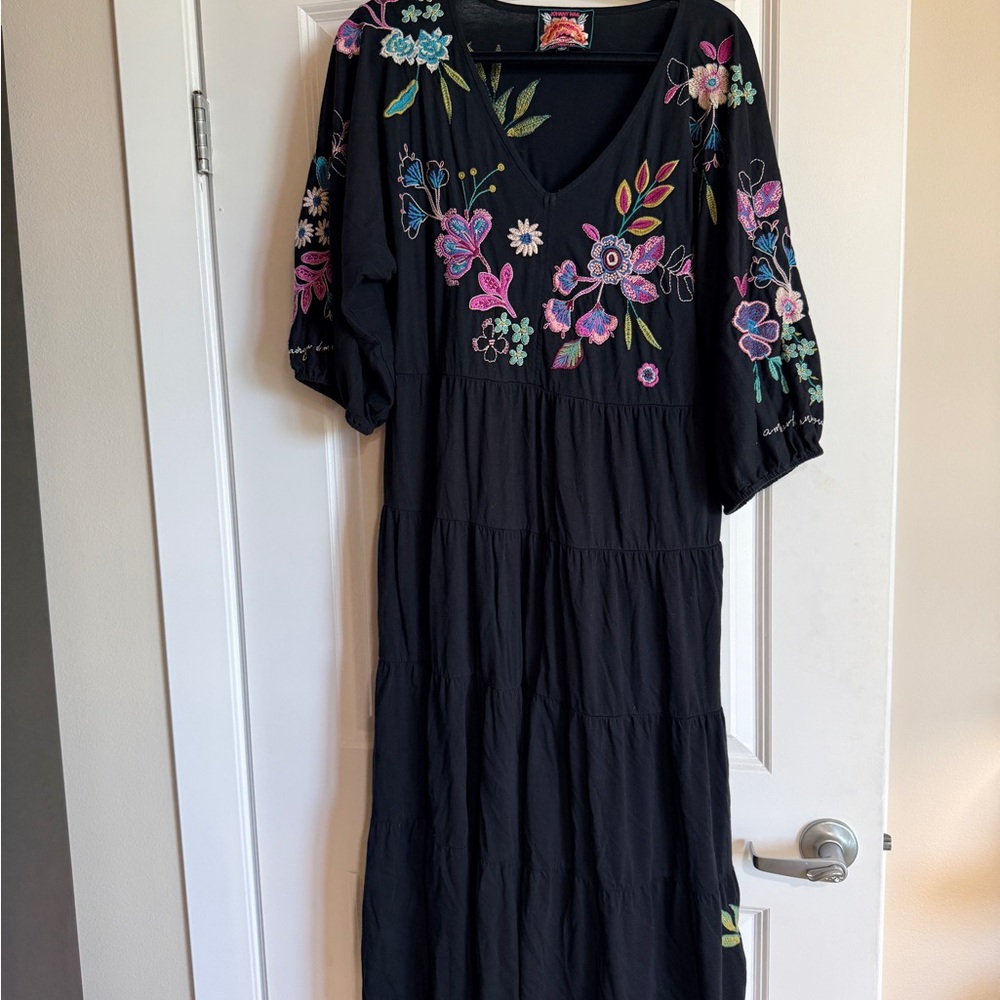 Johnny Was Black Dress with Colorful Floral Embroidery